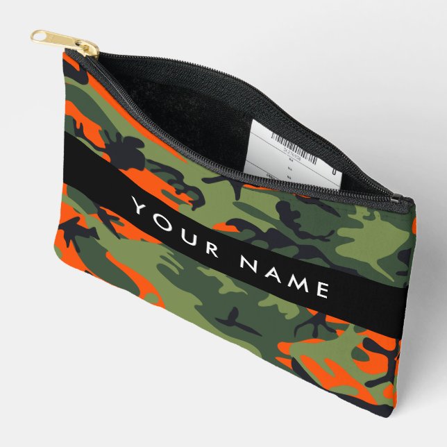 Orange Camouflage Pattern, Your name, Personalize Accessory Pouch (Open)