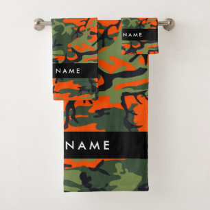 Orange Camouflage Pattern, Your name, Personalize Bath Towel Set