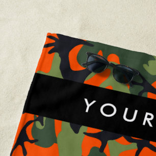 Orange Camouflage Pattern, Your name, Personalize Beach Towel