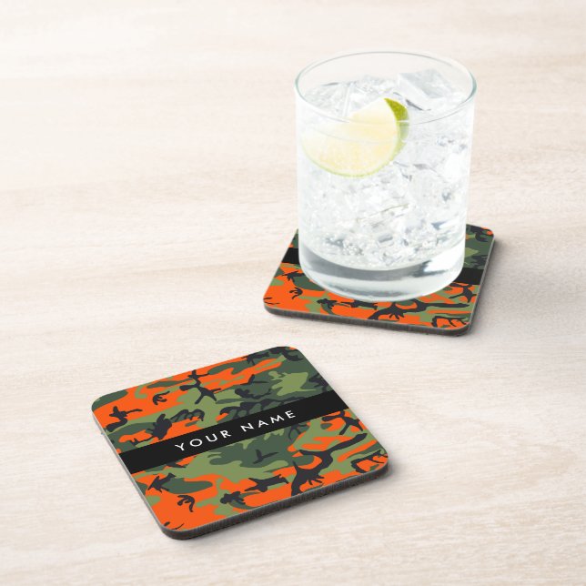 Orange Camouflage Pattern, Your name, Personalize Coaster (Right Side)
