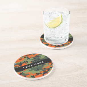 Orange Camouflage Pattern, Your name, Personalize Coaster