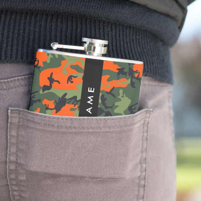 Orange Camouflage Pattern, Your name, Personalize Hip Flask (In Situ)