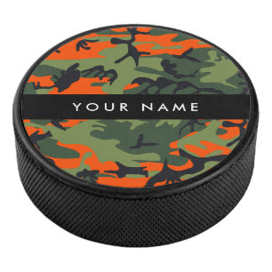 Orange Camouflage Pattern, Your name, Personalize Hockey Puck