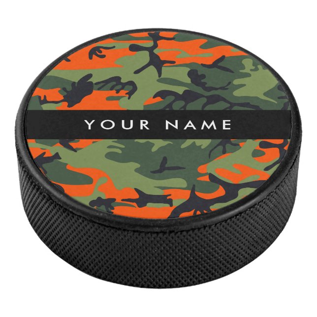 Orange Camouflage Pattern, Your name, Personalize Hockey Puck (3/4)