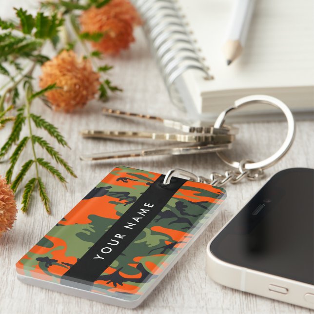 Orange Camouflage Pattern, Your name, Personalize Keychain (Front Right)