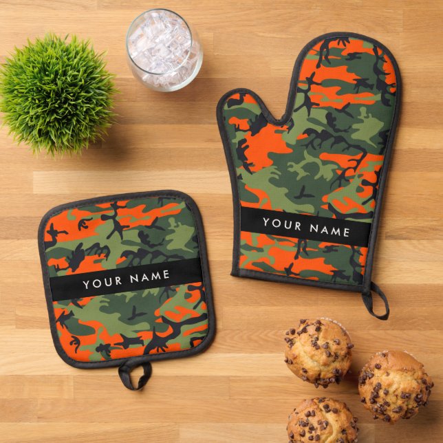 Orange Camouflage Pattern, Your name, Personalize Oven Mitt & Pot Holder Set (Top Down)