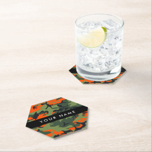 Orange Camouflage Pattern, Your name, Personalize Paper Coaster
