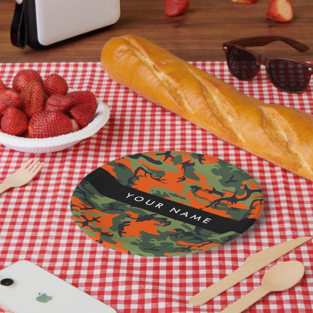Orange Camouflage Pattern, Your name, Personalize Paper Plate (Picnic)