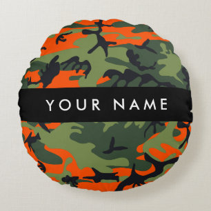 Orange Camouflage Pattern, Your name, Personalize Round Pillow