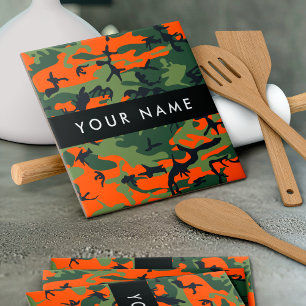 Orange Camouflage Pattern, Your name, Personalize Tile