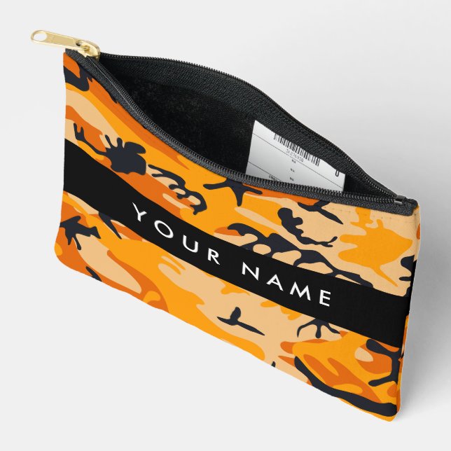 Orange Camouflage Your name Personalize Accessory Pouch (Open)