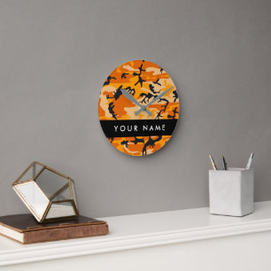 Orange Camouflage Your name Personalize Round Clock