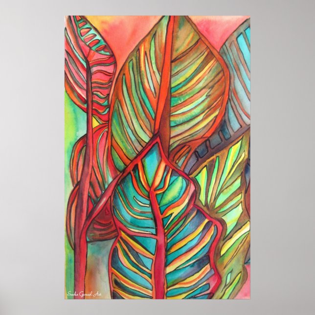 Orange Canna leaves watercolor original art Poster (Front)