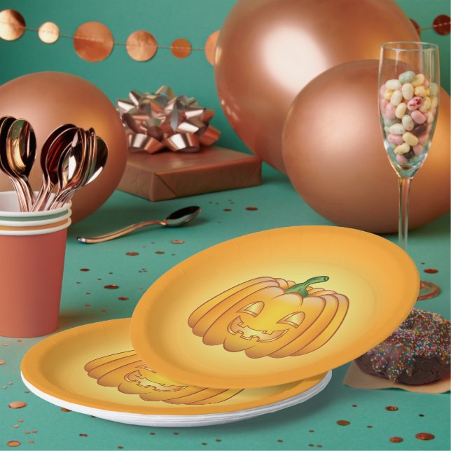 Orange Cartoon Halloween Pumpkin Paper Plate (Multi)