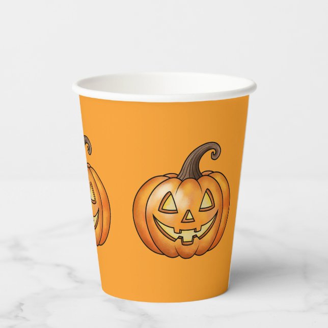 Orange Cartoon Jack O Lantern Pumpkins Halloween Paper Cups (Back)