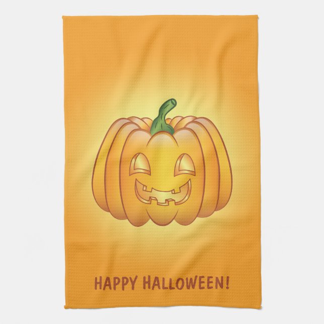 Orange Cartoon Pumpkin And Happy Halloween Text Kitchen Towel (Vertical)