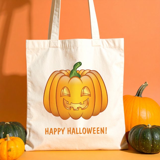 Orange Cartoon Pumpkin And Happy Halloween Text Tote Bag (Disclaimer: This image is a digital mockup.)