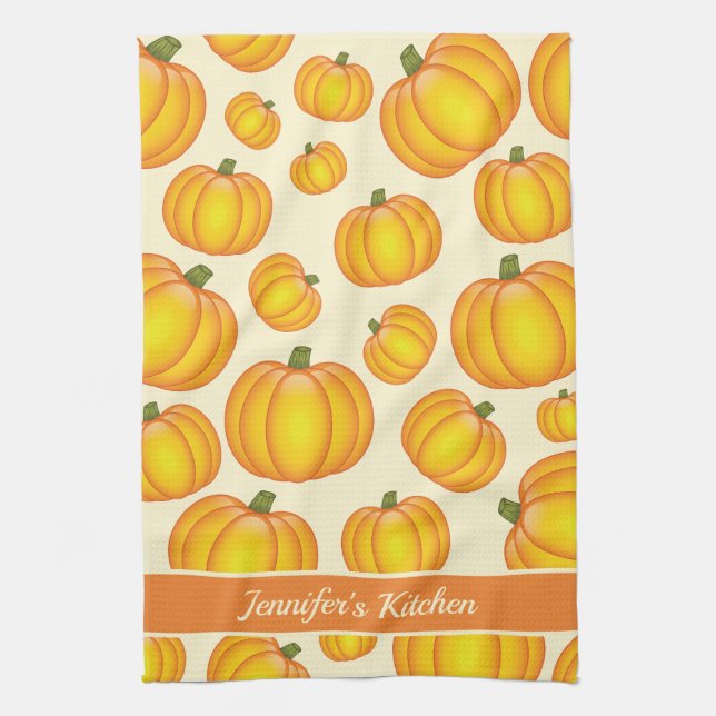 Orange Cartoon Pumpkin Pattern And Custom Text Kitchen Towel (Vertical)