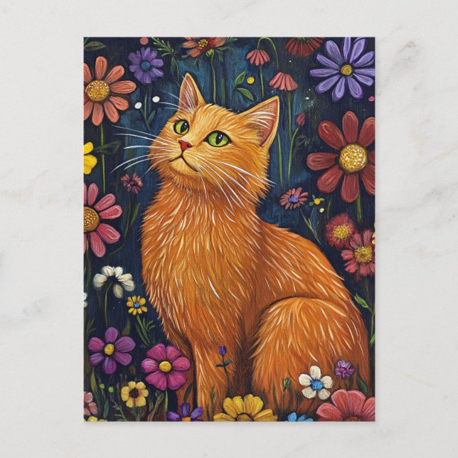 Orange Cat Amid Colourful Blossoms Postcard (Front)