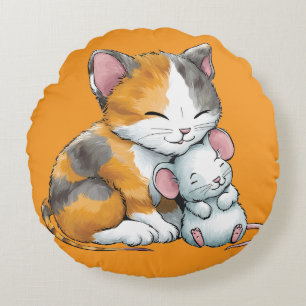 Orange cat and mouse friendship round pillow