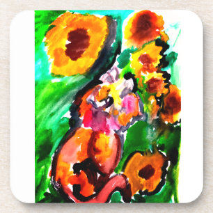 Orange Cat and sunflowers Coaster