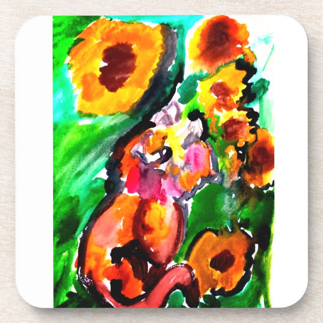 Orange Cat and sunflowers  Coaster (Front)