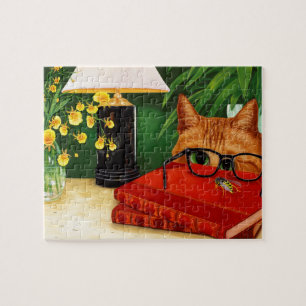 Orange Cat, Book, Bee and Orchids Jigsaw Puzzle