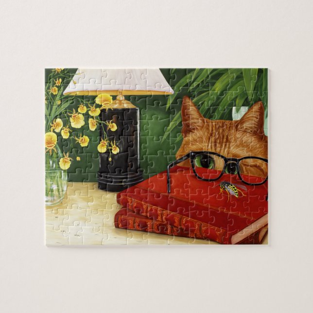 Orange Cat, Book, Bee and Orchids Jigsaw Puzzle (Horizontal)