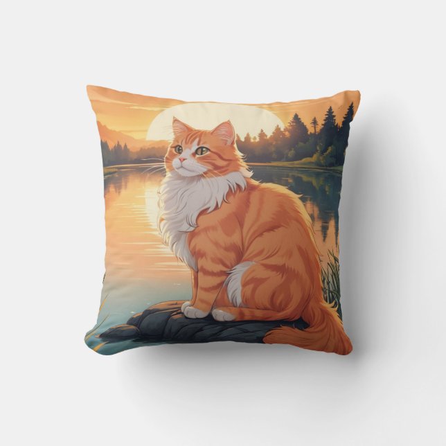 Orange Cat by Lake Throw Pillow (Front)