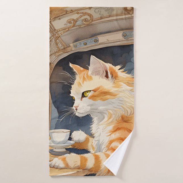 Orange Cat Drinking Tea  Bath Towel Set (Bath Towel)