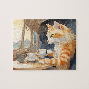 Orange Cat Drinking Tea Jigsaw Puzzle