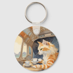 Orange Cat Drinking Tea Keychain