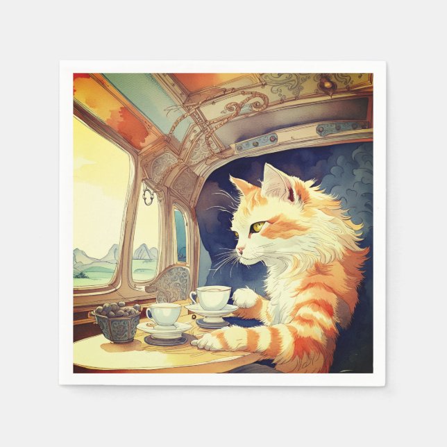 Orange Cat Drinking Tea  Napkin (Front)