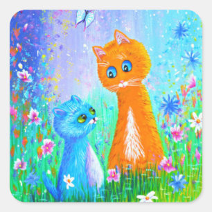 Orange Cat Flowers Creationarts Square Sticker