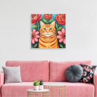Orange Cat Folk Art Flowers