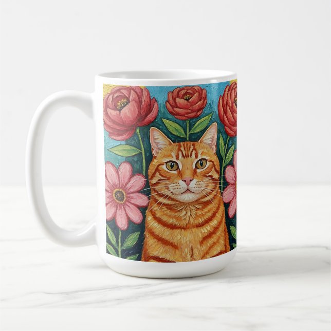 Orange Cat Folk Art Flowers Coffee Mug (Left)