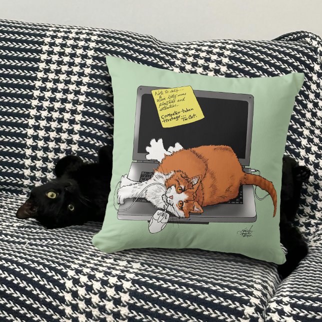 Orange Cat Funny Laptop Green Work Home Throw Pillow (Creator Uploaded)