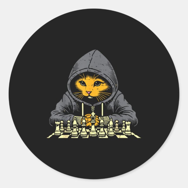 Orange Cat Hoodie Playing Chess Game Cool Women Me Classic Round Sticker (Front)