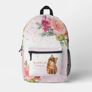 Orange Cat Illustration And Floral Girl Printed Backpack