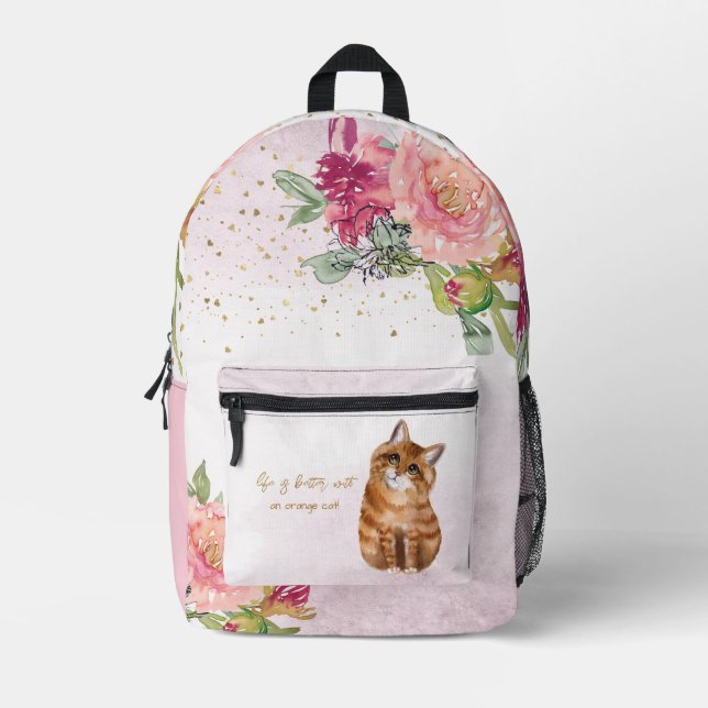  Orange Cat Illustration And Floral Girl Printed Backpack (Front)