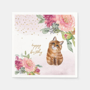 Orange Cat Illustration Happy Birthday Girl Party Napkin