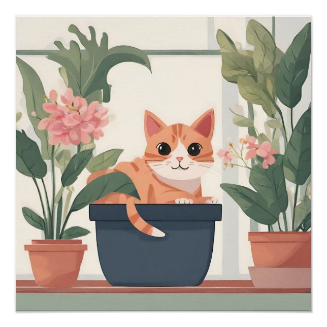 Orange Cat in a Flower Pot  Poster (Front)