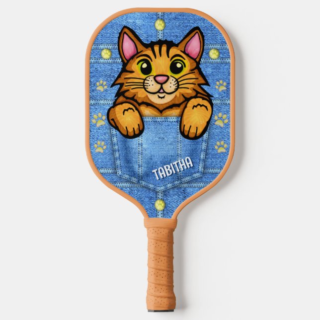 Orange Cat in Faux Denim Pocket with Custom Name Pickleball Paddle (Front)