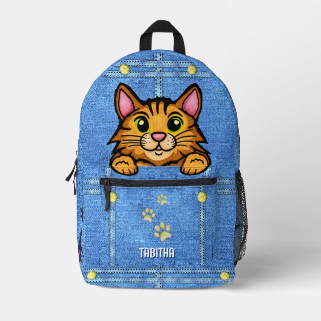 Orange Cat in Faux Denim Pocket with Custom Name Printed Backpack (Front)