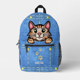 Orange Cat in Faux Denim Pocket with Custom Name Printed Backpack