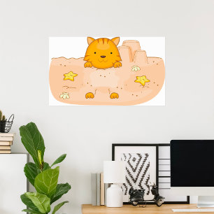 Orange Cat in Sandcastle Beach Scene Poster