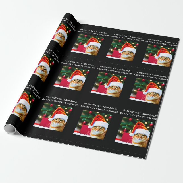 Orange cat in Santa hat Christmas wrapping paper (Unrolled)