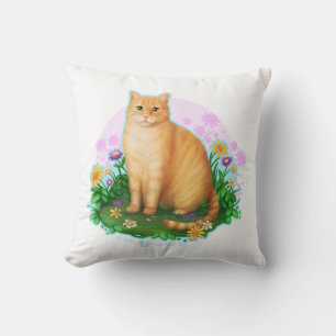 Orange Cat in the Flower Patch Throw Pillow