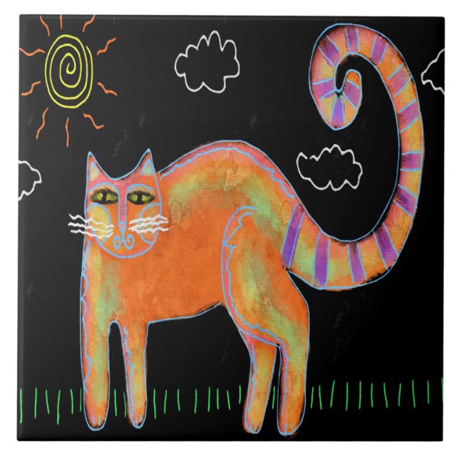 Orange Cat in the Sun Abstract Painting Tile (Front)