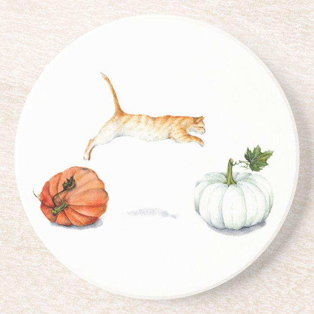 Orange Cat Jumping Between Pumpkins Coaster (Front)